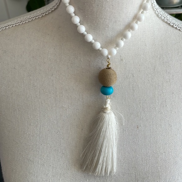 Turquoise and white wooden bead tassel statement necklace - Picture 4 of 5